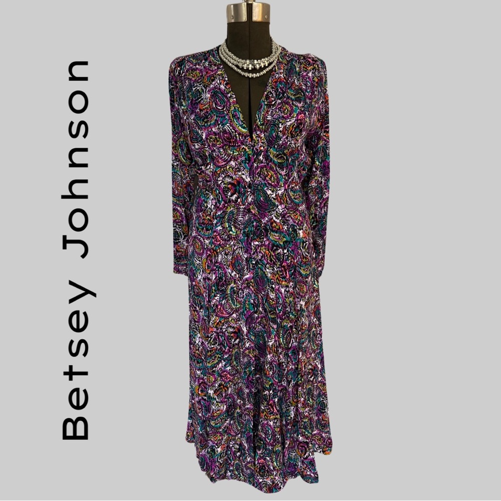 BETSEY JOHNSON PUNK LABEL MIDI DRESS IN MULTI COLOR PAISLEY FLORAL PRINT - SZ L